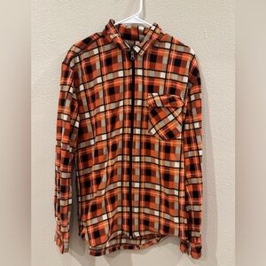 Fleece Men's Orange and Black Plaid Jacket Shirt
